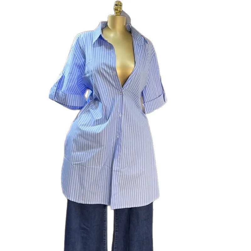 Frauen Gestreiften Shirts Kurzarm Einreiher Casual Hemd Drehen Unten Kragen Midi Länge Top Blusen Dame Herbst 2025