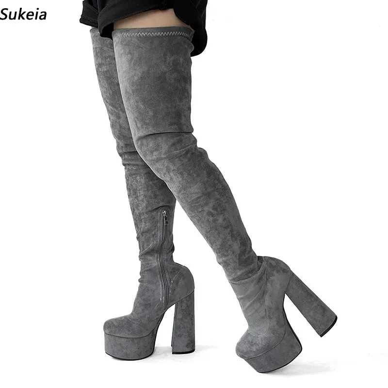 

Sukeia New Women Spring Thigh Boots Catwalk Chunky Heels Round Toe Pretty Grey Dress Prom Shoes Ladies US Size 5-15