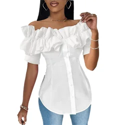 Elegant Pleated Ruffle Decoration One-line Neck Shirt Women Single-breasted Cardigan Blouse Female Sweet Style Short Sleeve Tops