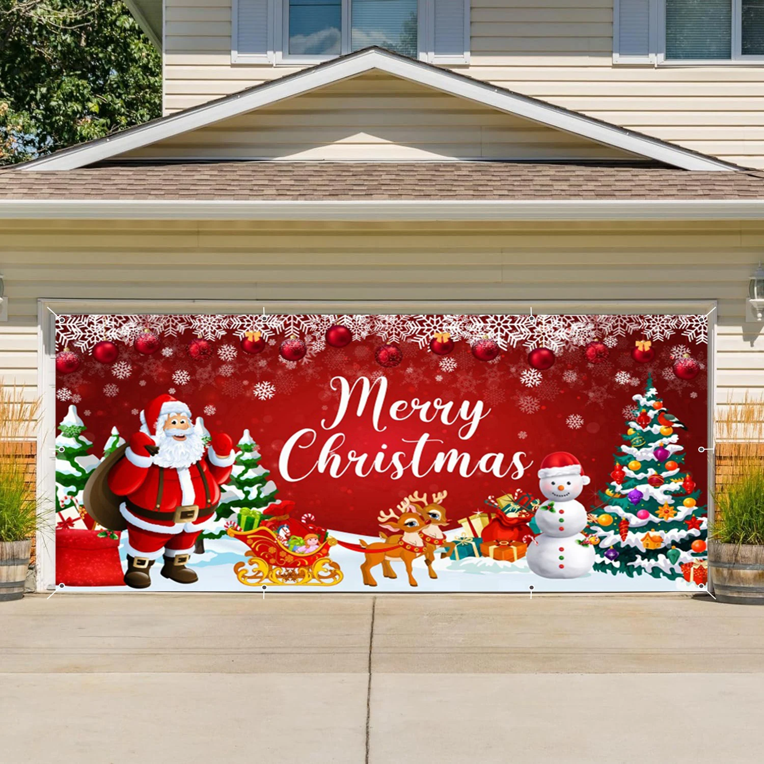 عيد ميلاد سعيد المرآب جدار خلفية راية سانتا كلوز شجرة عيد الميلاد الأحمر بريق ندفة الثلج أجراس إطار باب المرآب مع السنانير
