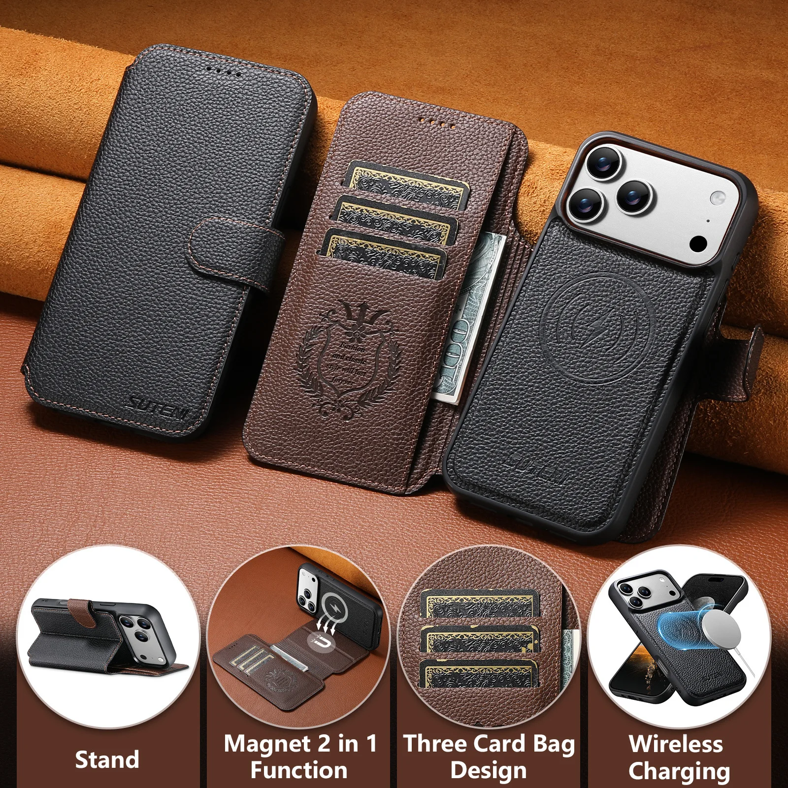 

PU Leather Wireless Charging Card Holder Stand Wallet Magnetic Flip Cover Phone Case For iPhone 17 16 15 14 13 Pro Max Cover
