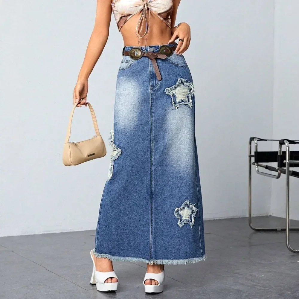 Women Star Print Distressed Denim Skirt Slit New European Style Ladies Daily Streetwear Chic Versatile Fashion Sexy