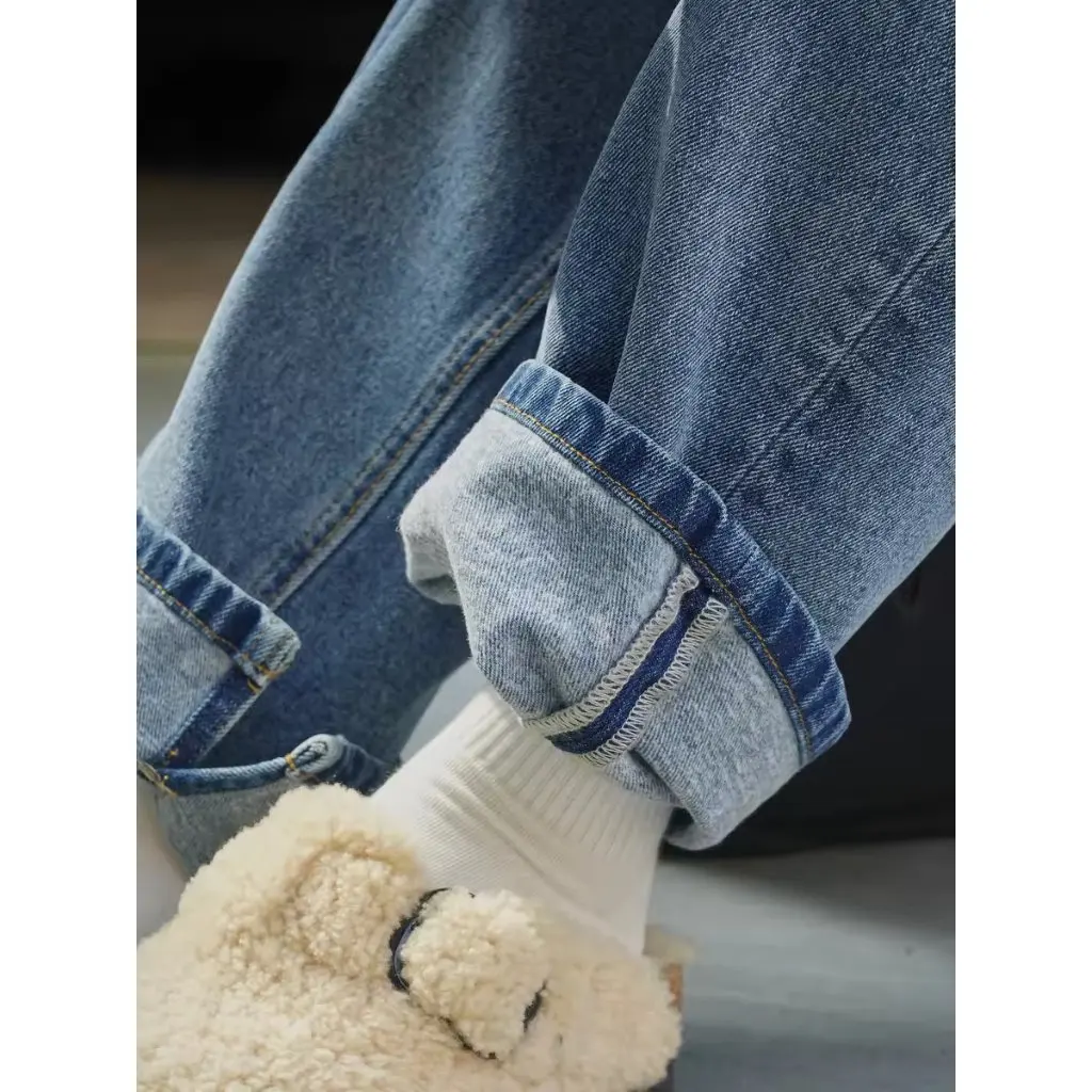 

Lufu женские прямые джинсы на флисовой подкладке, утолщенные повседневные утягивающие мягкие пригородные брюки для зимы в парижском стиле