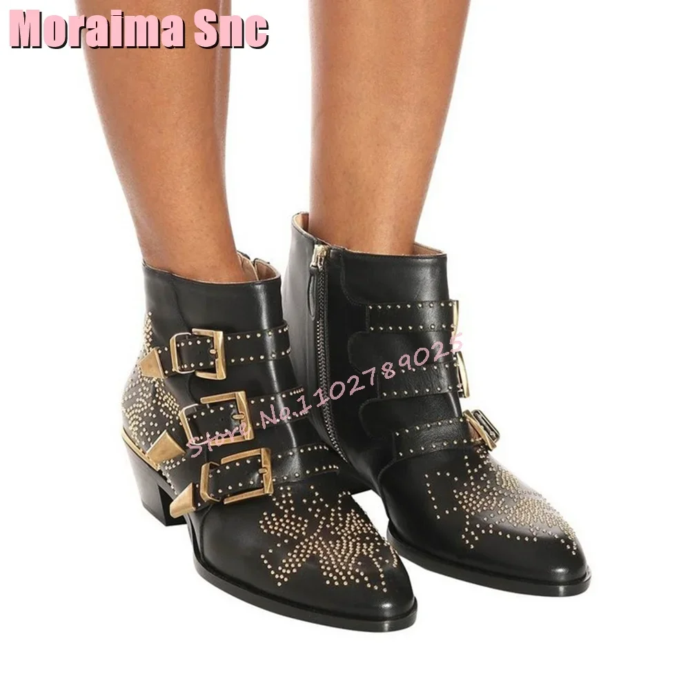 

Fashion Metal Rivets Belt Buckle Ankle Boots Pointed Toe Block Mid Heel Side Zipper Women's Short Boots Black Solid 2024 Autumn