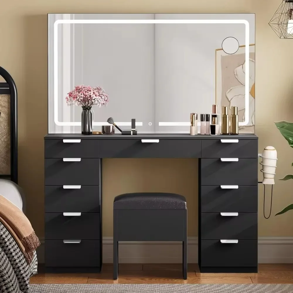 

Makeup Vanity Set with LED Lighted Mirror, Power Outlet, 11 Drawers, Magnifying Glass, 46'' Dressing Table Set with Storage