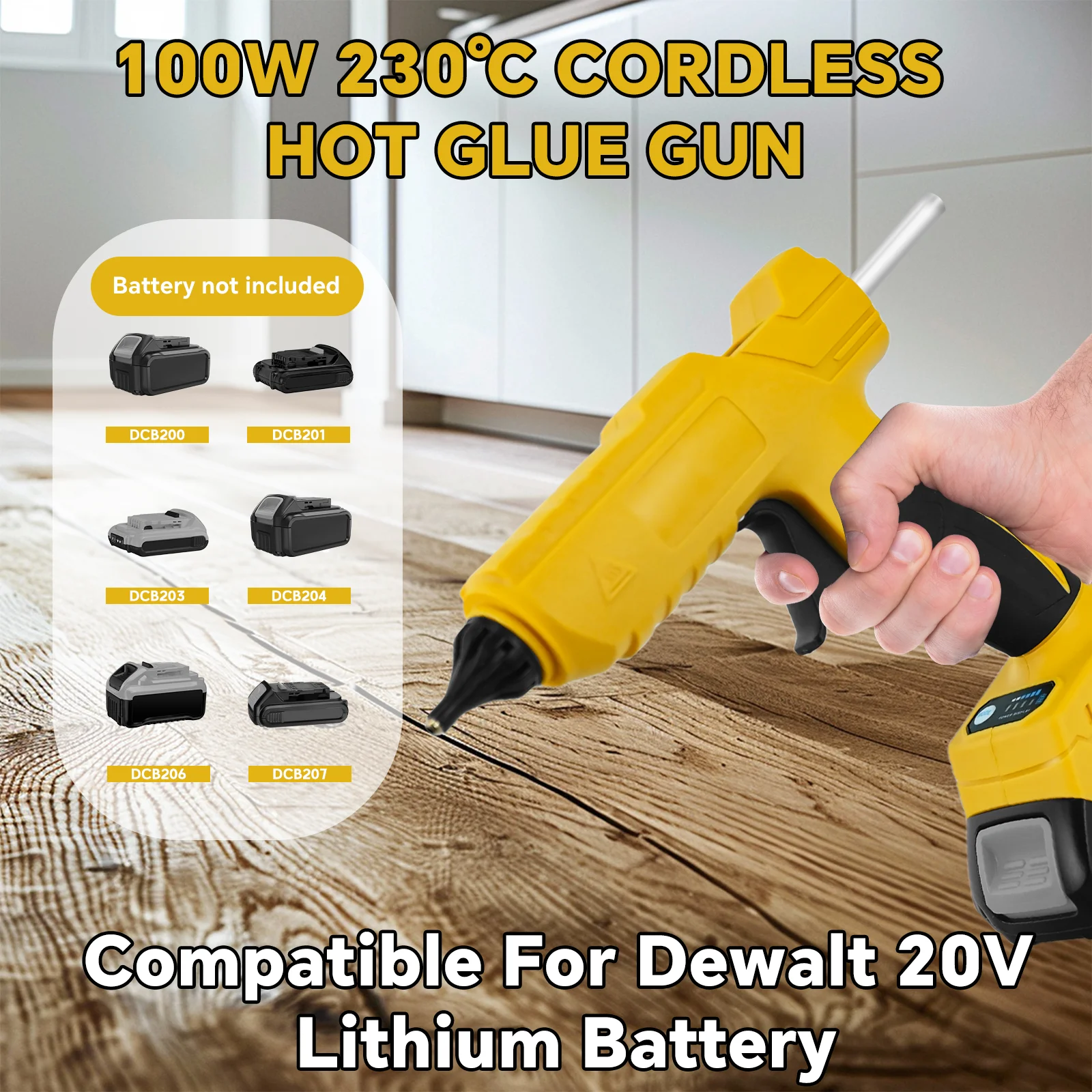100W Cordless Hot Melt Glue Gun for Dewalt 20V Battery with 10Pcs 11mm Glue Sticks Quick Preheating DIY Repair Tool (No Battery)