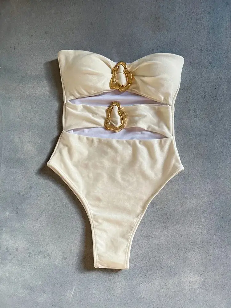3 Colors Sexy Metal Rings Cut Out Women Swimwear One Piece Swimsuit Female Bandeau High Leg Cut Bather Bathing Suit Swim B026D image 5