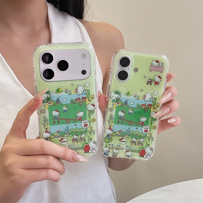 

Cute Cartoon Cat Park Phone Case For iPhone 15 16 17 Promax Shockproof Clear Green Cover Camera Protection Girl Gift Anti Drop