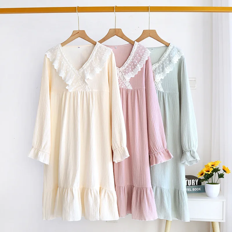 Japanese new spring and summer ladies nightdress 100% cotton crepe long skirt sweet princess long sleeve skirt plus size women