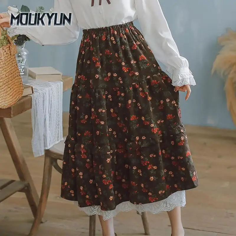 

Corduroy Floral Midi Skirt Women Navy Blue Brown Floral Skirts Korean Kawaii Lace Ruffles Vintage Elegant Long Skirts