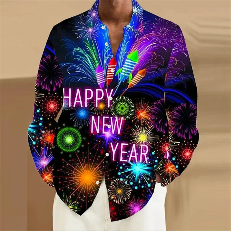 2024 Men\'s Shirt Christmas Fireworks Series 3D Printed Pattern Button Shirt Fashion Long Sleeve Casual Outdoor Large Size Hot Se