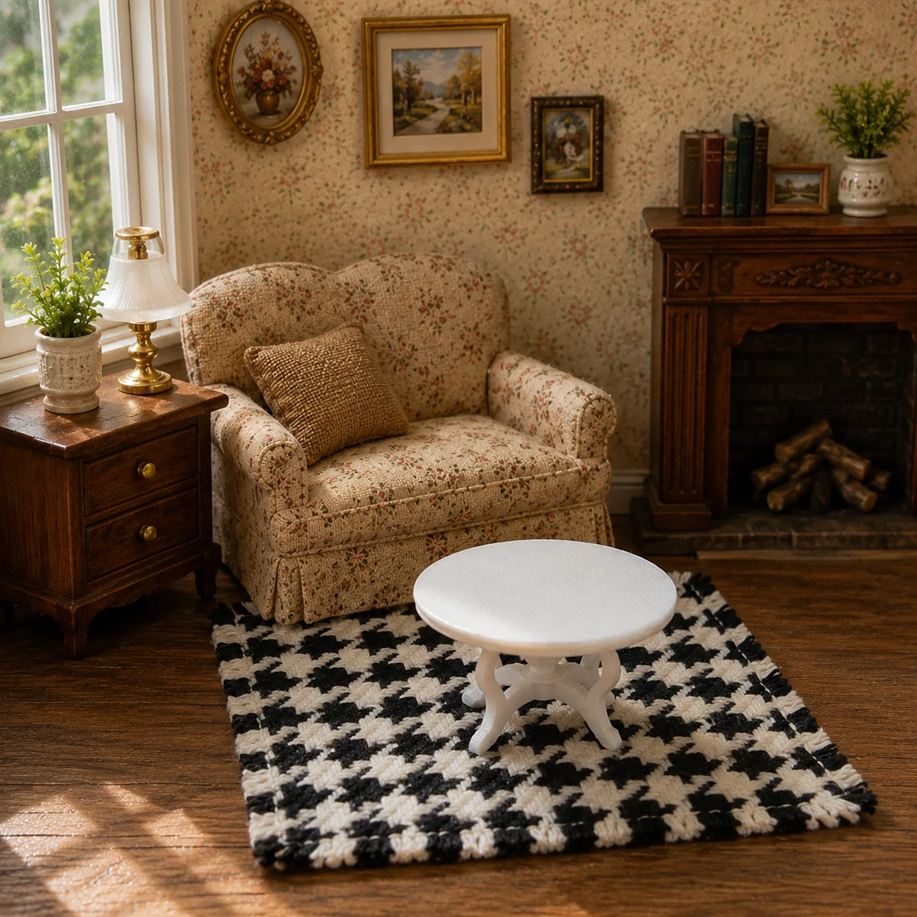 2pcs Mini European-Style Coffee Table And Ethnic Woven Floor Mat Set Realistic Small Furniture for Dollhouses