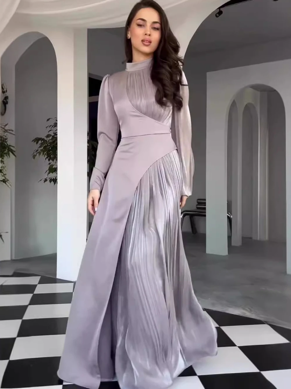 Plus Size Contrast Color Chic Evening Dress Vintage Arabic A Line Prom Gown S-2XL Celebrity Long Sleeves Formal Party Wear view 4