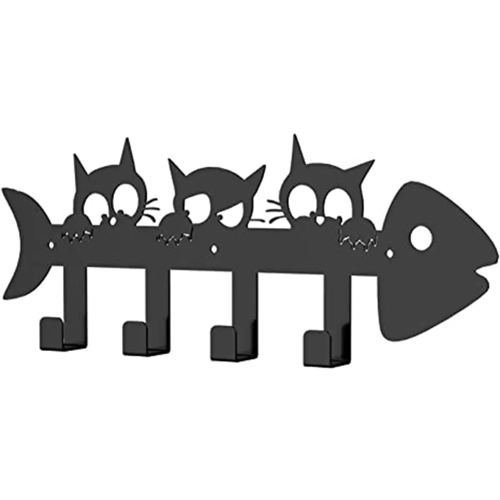 A76I-Black Metal Keychain Hanger, Cat Wall Hook Decor Metal Hanger For Front Door,Foyer Bedroom,Kitchen With 4 Hooks