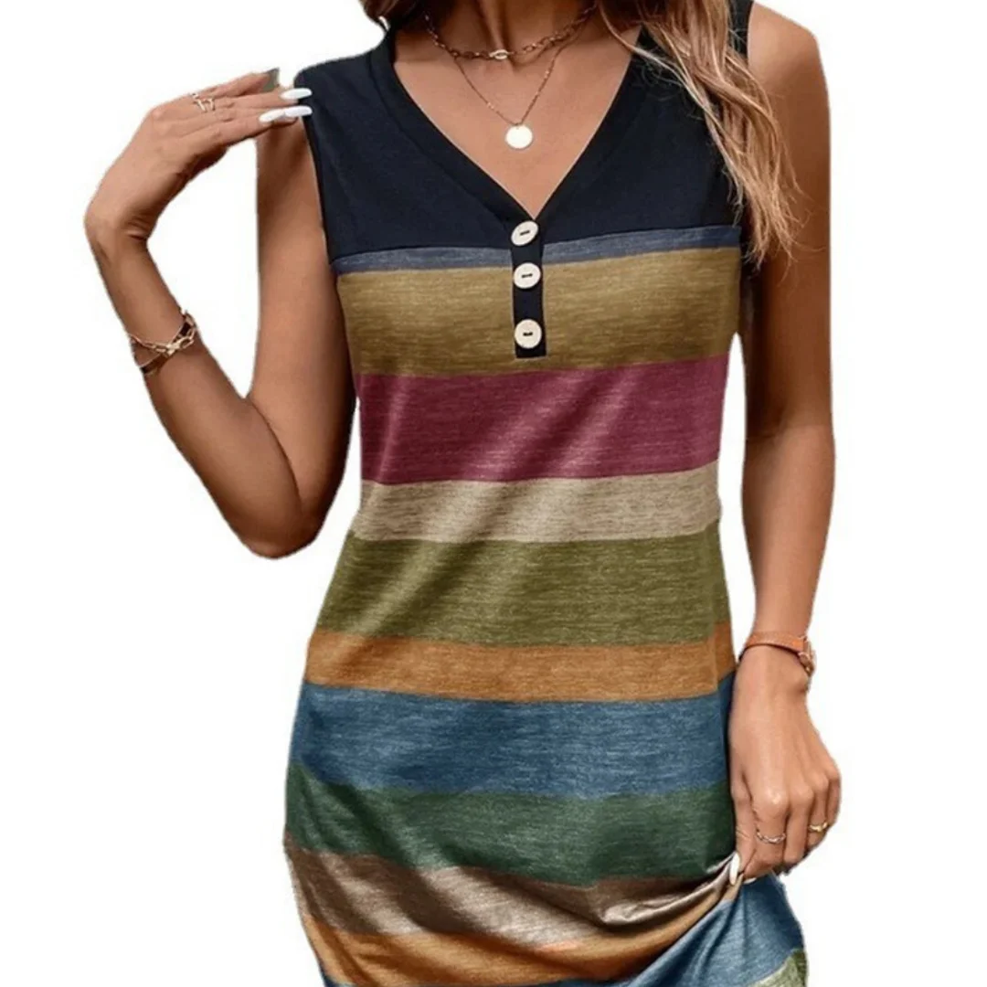 Women Striped Printed Button Loose Vest Dress Summer