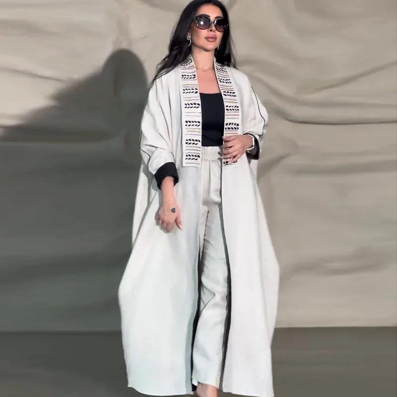 새로운 여성 패션 프린트 로브 팬츠 투피스 세트 캐주얼 루즈 긴팔 배색 가디건 코트 밴딩 팬츠 슈트