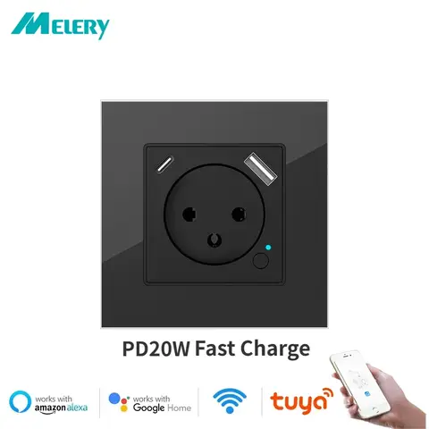 Melery Wi-Fi Tuya 스마트 이스라엘 벽 콘센트 전원 플러그 – Alexa 및 Google 홈 호환, iPhone 원격 제어용 USB Type-C PD 20W 충전 포트 포함
