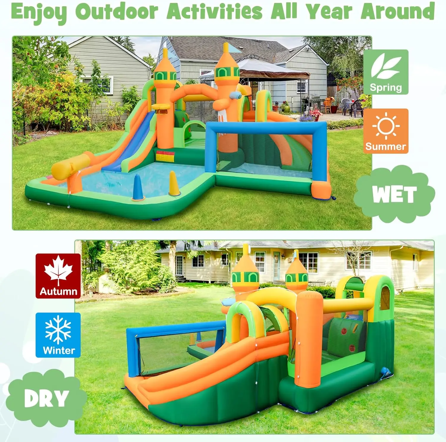 Nadmuchiwana zjeżdżalnia wodna, 9 w 1 zjeżdżalnia wodna Bounce House z podwójnymi zjeżdżalniami, basen plusk, ściana wspinaczkowa, bramka do piłki nożnej, woda Sli