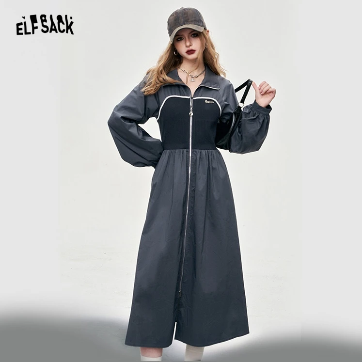 ELFSACK American style street style contrast long sleeve dress workwear style for women 2024 spring lapel zipper mid long length