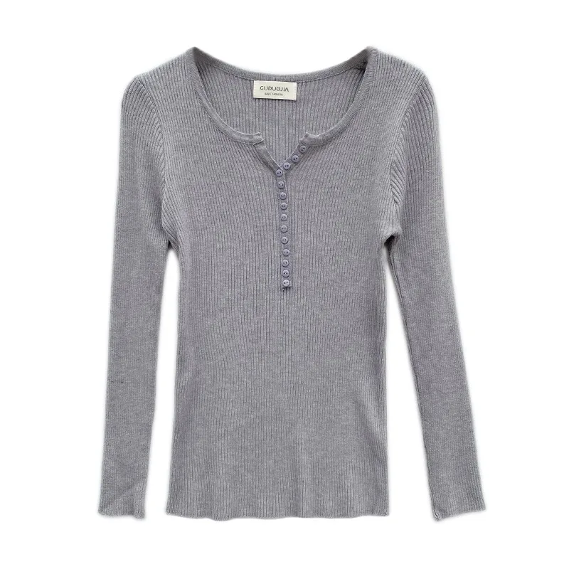 Jerséis con botones Y2k para mujer, jersey de manga larga tejido a la moda, suéteres básicos sólidos informales, Top de capa Base con cuello en V para Otoño e Invierno