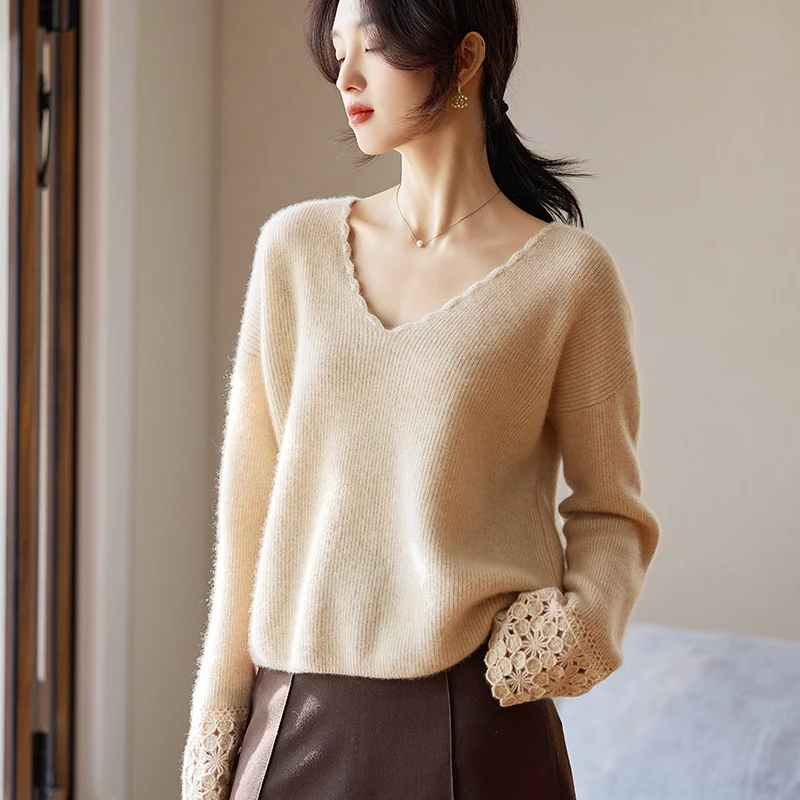 

100% Cashmere Solid - Color Pullover | Hollow - Out Cuffs & V - Neck, Exude Elegance