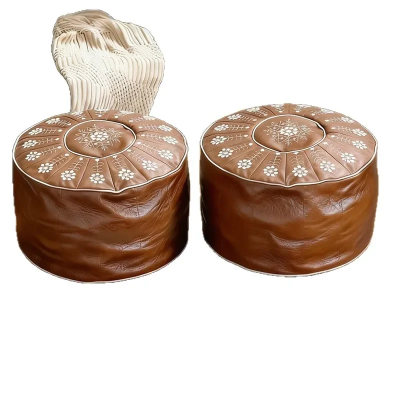 Vintage Leather Round Ottoman Low Footstool Cloth Filled Padded Seat for Living Room Bedroom Sofa Accent Furniture Decor