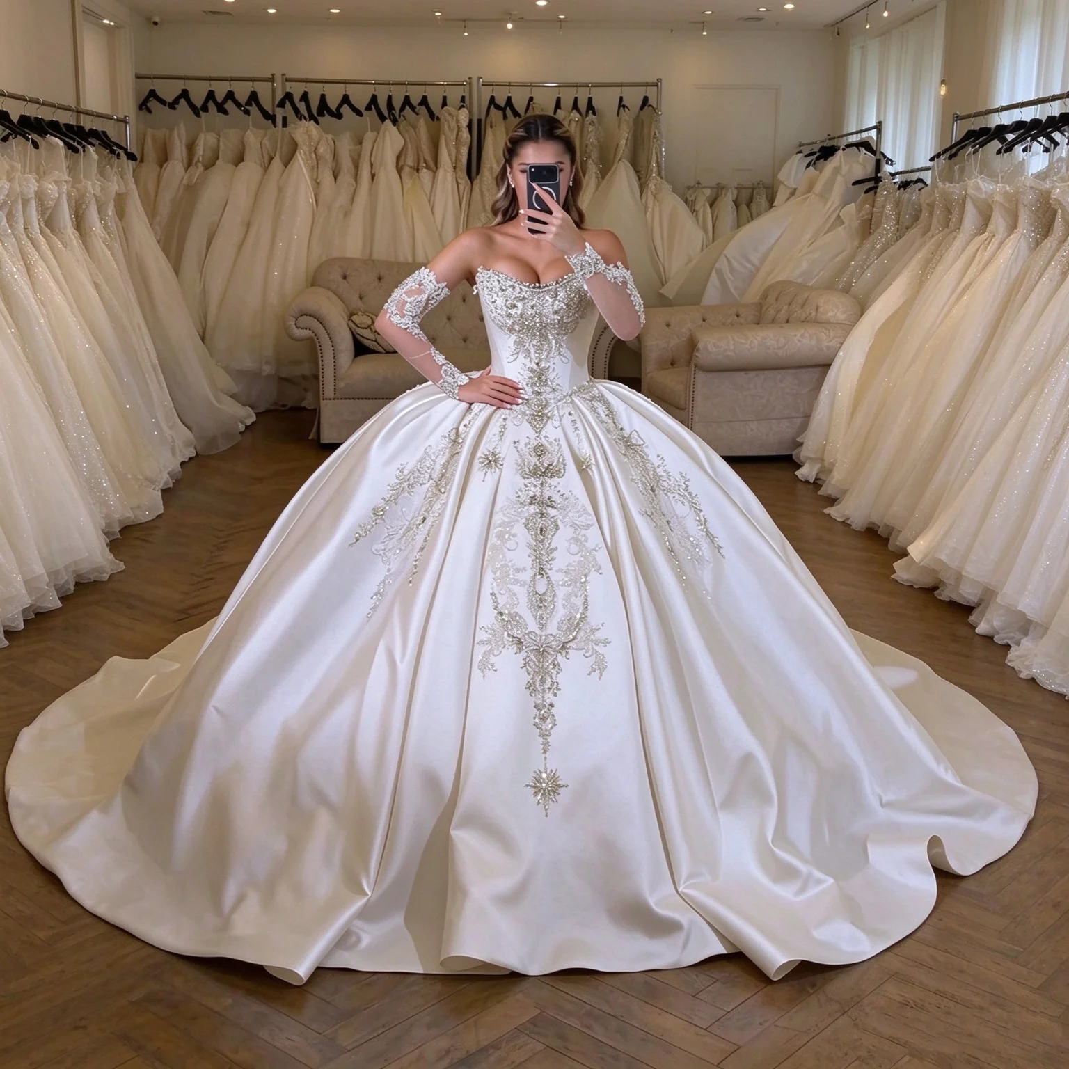 Satin Wedding Dress Detachable Lace Long Sleeve Heavy duty Water Diamond Pearl Embroidery Arabic Wedding Dress Customization
