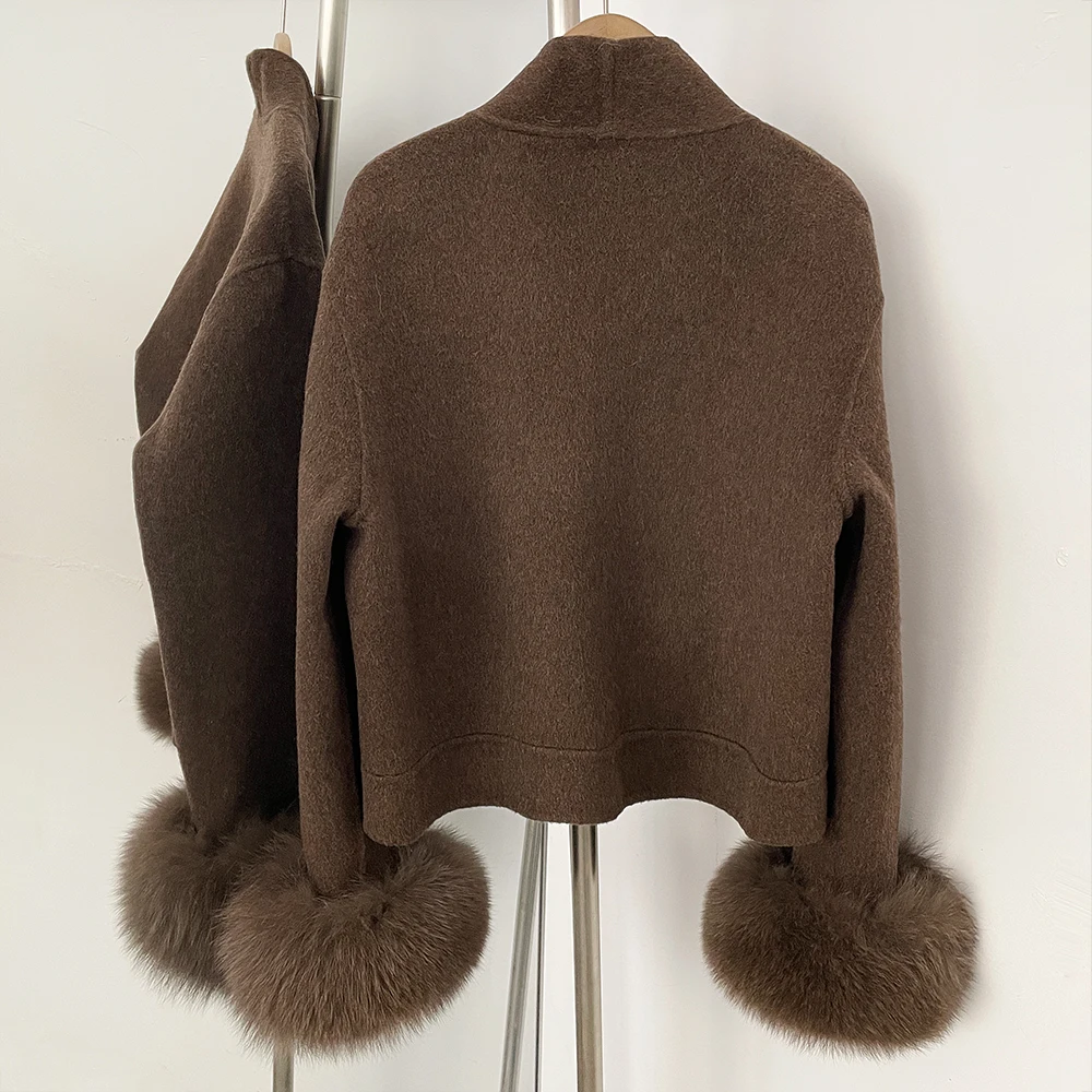 OFTBUY Elegante Warme Oberbekleidung Damen Luxus Doppelseitiger Wollmantel Winter Offene Fronttasche Echte Fuchspelz-Manschetten Wollmantel – Detail 18