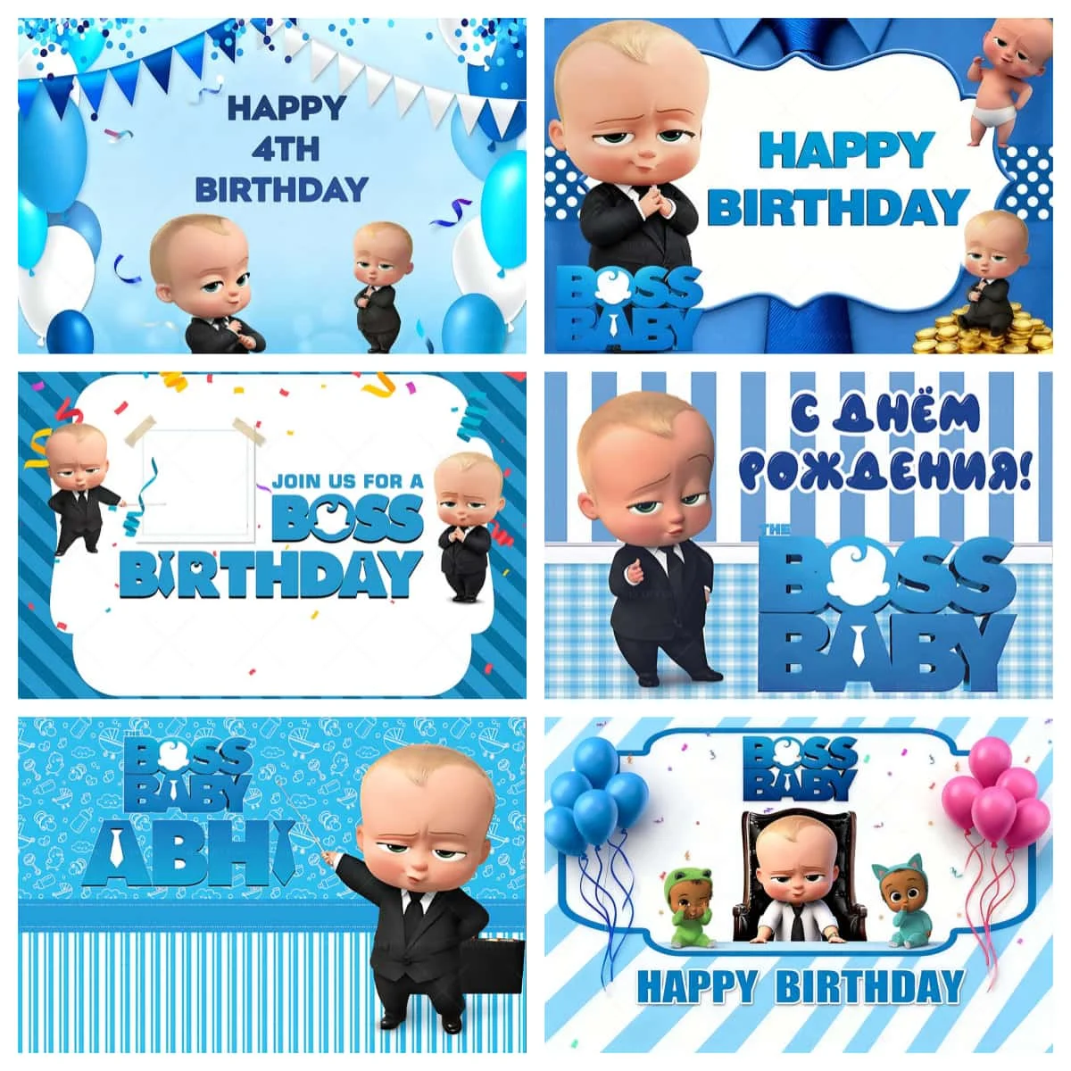 Cartoon Boss-Jungen-Mädchen-Themen-Hintergrund, individueller Hintergrund für Neugeborene, 1. Geburtstag, Party, blaues Dekor, Luftballons, Babyparty, Kindergeschenke, Hintergrund