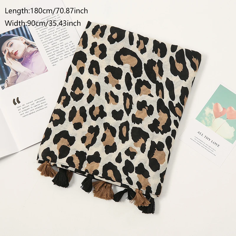 Fashion Cotton Tassel Hijab Scarf Printed Leopard Shawl For Women Muslim Autumn Headband Ladies Four Sided Tassel Wraps 180*90cm