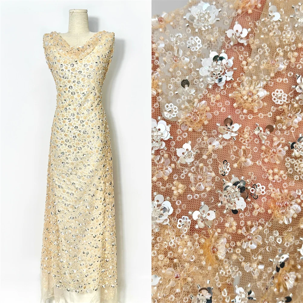 

2025 Luxury Nigerian African Beaded Lace Fabric High Quality Sequins Embroidery African French Lace Fabric For Sewing Dresses