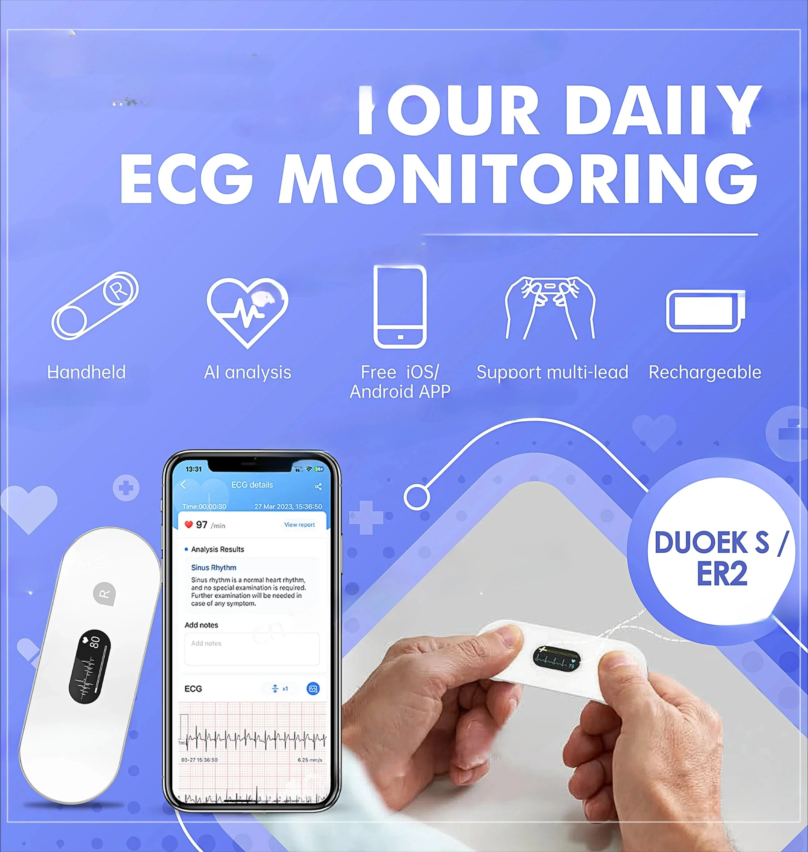 LEPU 24 Hour ECG/EKG Holter Wearable ECG/EKG Monitor with AI Analysis