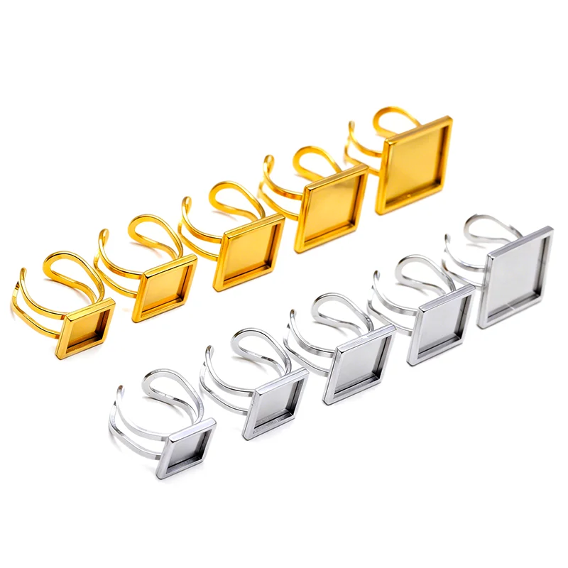 Acero inoxidable, 5 uds., chapado al vacío, ajuste de configuración de anillo de 10-25mm, Base de anillo cuadrado de Color dorado, Base de cabujón, bandeja en blanco
