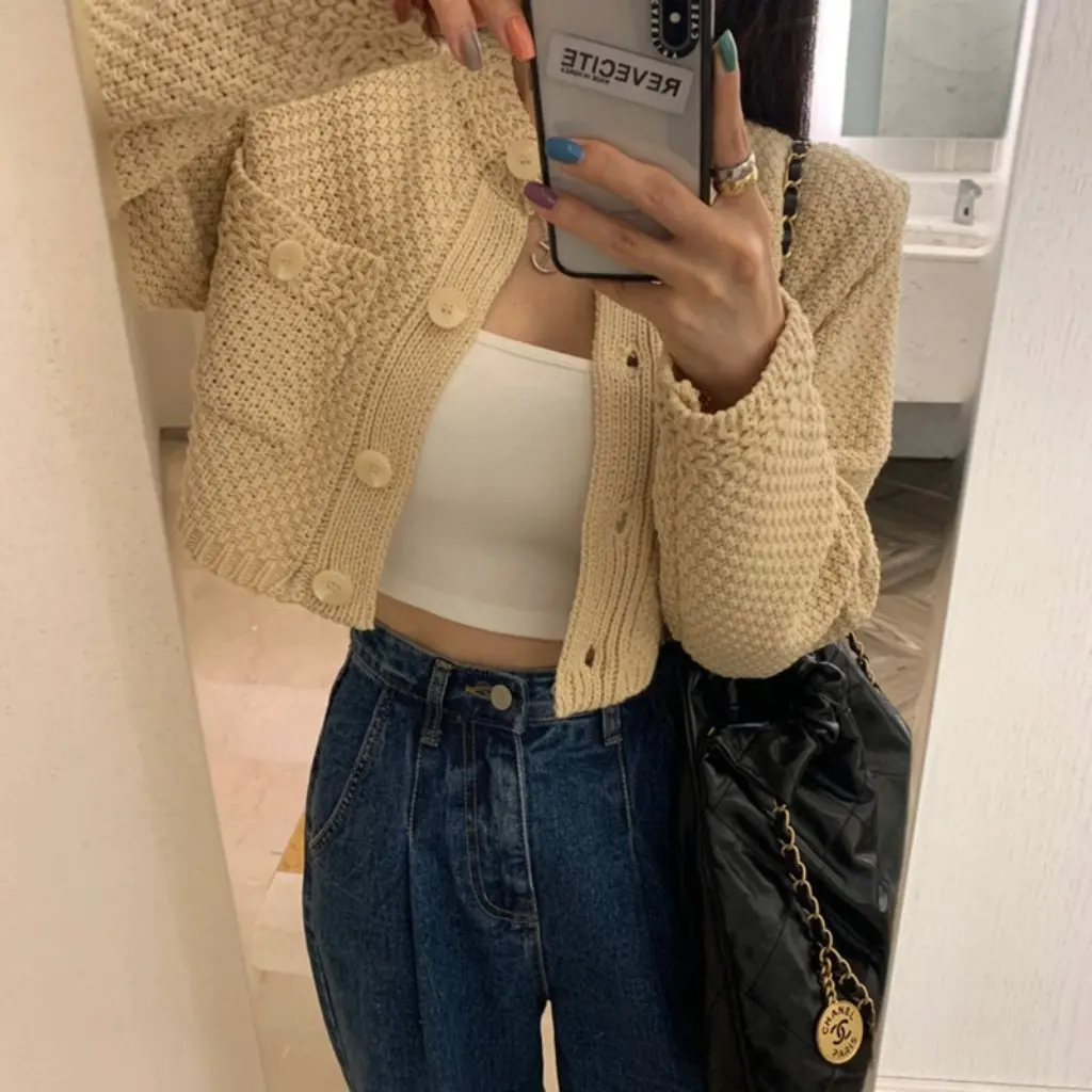 

Women's Korean Style Knitted Cardigan round Neck Long Sleeve Sweater with Pocket Short Coat for Autumn Winter Versatile Fashion