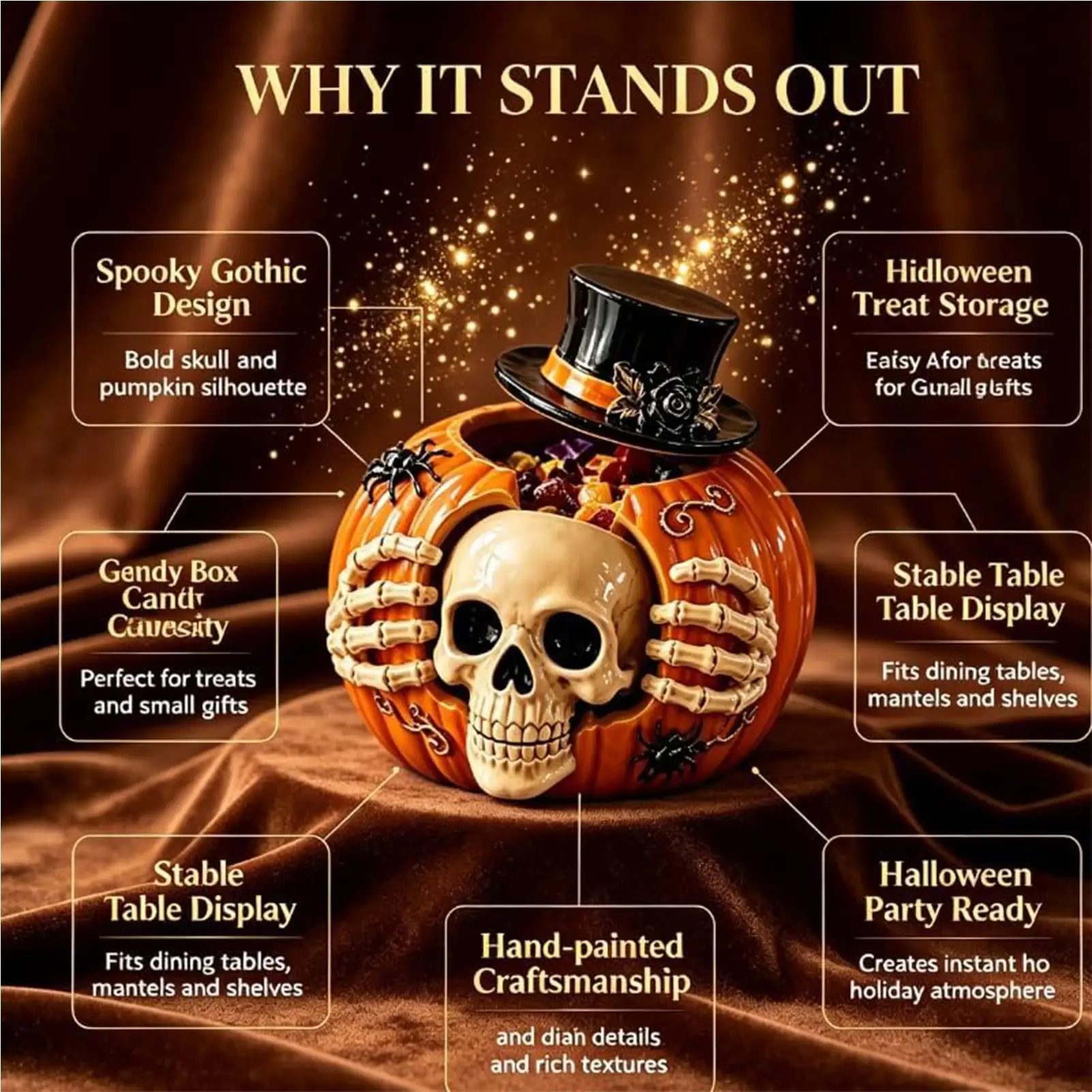 Skeleton Pumpkin Candy Jar Skull Pumpkin Dining Table Decoration Resin Gothic Skeleton Pumpkin Bowl Halloween Cookie Jar view 4