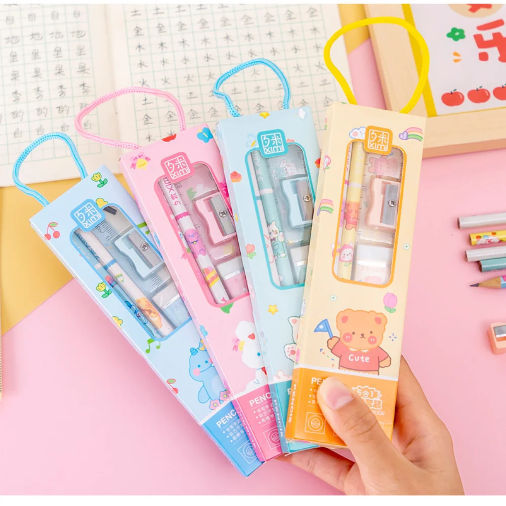 

5Pc Portable Stationery Set Animal Cartoon Pencil Cute Ruler Children Pencil Sharpener Student Eraser School Supplies Kids Gifts