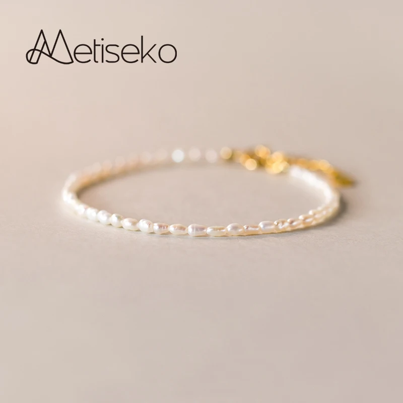 Metiseko Mini Rice Pearl Natural Freshwater Pearl Bracelet 925 Sterling Silver Plated 14K Gold Bracelet Sweet Elegant for Women