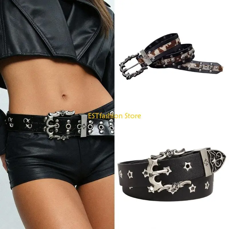 

Y5GC Edgy женский пояс с подвеской в ​​стиле панк-рок с гравировкой, регулируемый ремешок для джинсов с шипами из искусственной