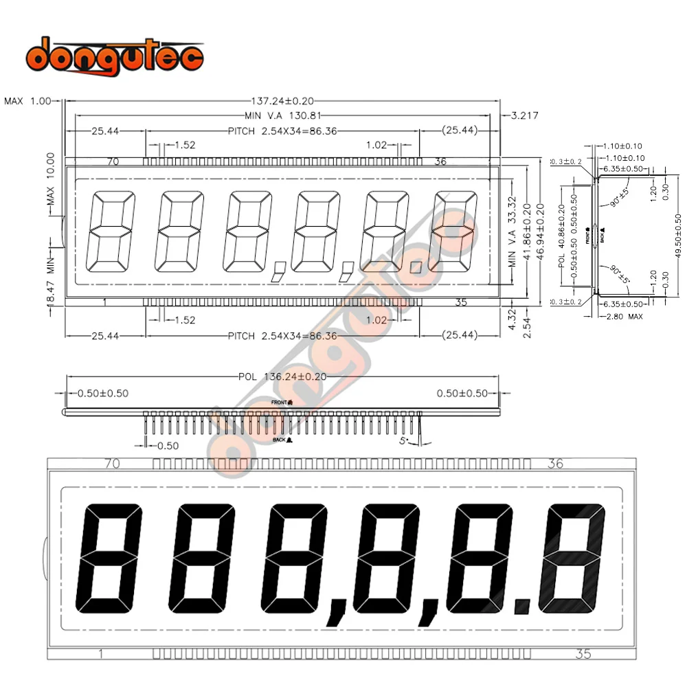 70pin Tn Positief 6-cijferig Segment Lcd Q12444-3 Doorlatend 6 Cijferig 7 Segment Lcd-Scherm Statisch Rijden Tn Positief