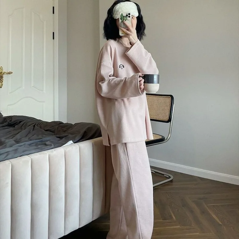 Spring Autumn New Women Pajamas Extra Large Waffle Female Thin Homewear Suit Round Neck Solid Color Simple Sleepwear Sets 2024