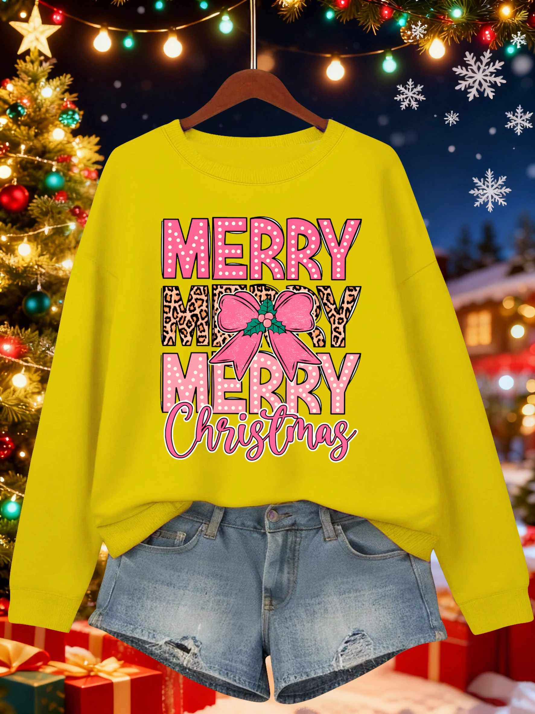 Frohe Weihnachten Rosa Schleife Druck Frauen Pullover Bequeme Hip Hop Sweatshirts Lose Freizeitkleidung Herbst Fleece Sportswear