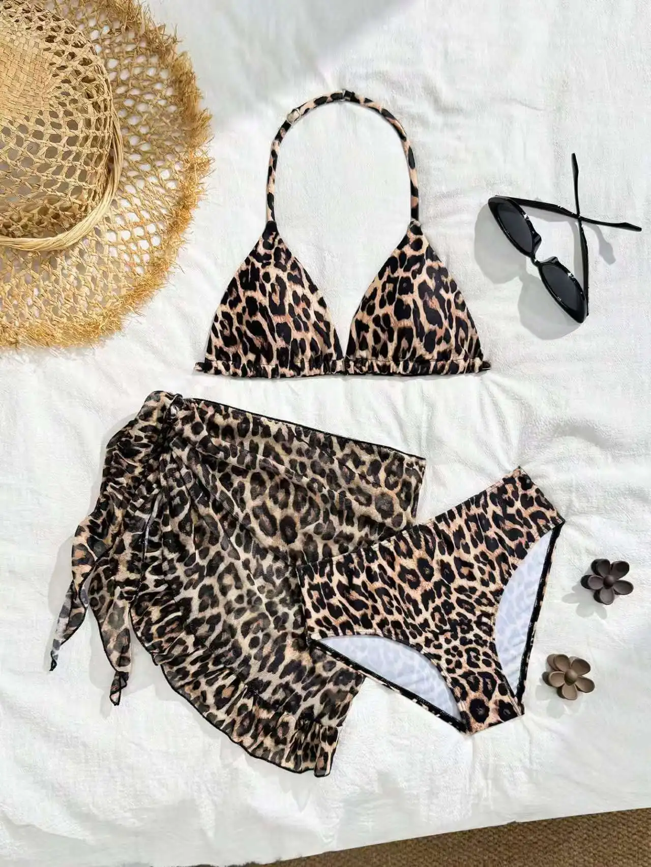 2026 Leopard Girls Swimsuit 3 Pieces Halter Triangle Bikinis Kids Swimwear Female Children's Bathing Swimming Swim Suit 8Y-12Y