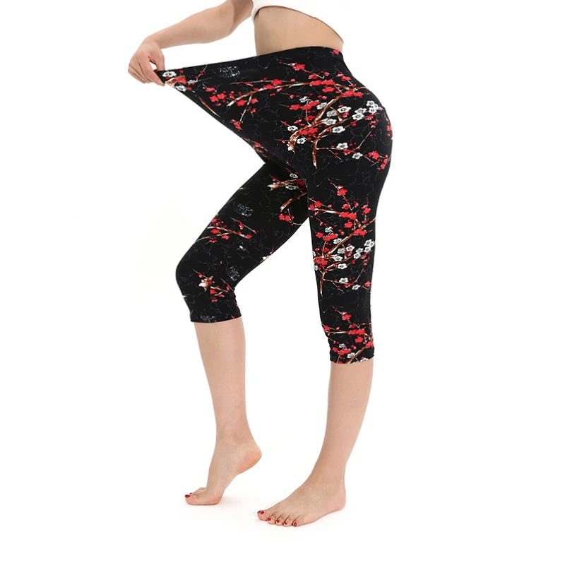 K481 European and American Fashion Style Elegant Plum Blossom Pattern Seven Point Leggings Casual Vacation Fitness Pants