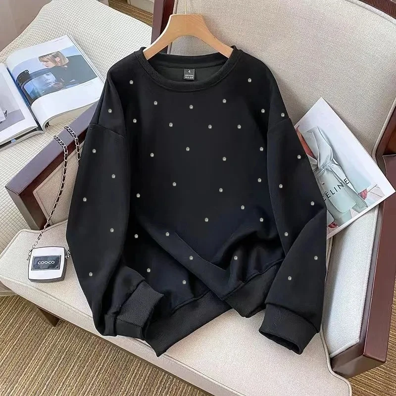 Autumn Fashion Diamond Women Sweatshirt Casual Loose Heavy Industry 3XL Long Sleeve Plush Warm Pullovers Female Basic Tops Tees