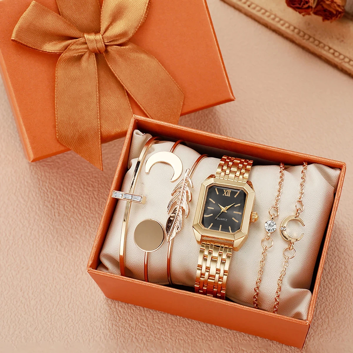 

Стильные простые элегантные квадратные женские кварцевые часы без цифр, набор из 6 штук для подарков на Рождество и День Благодарения