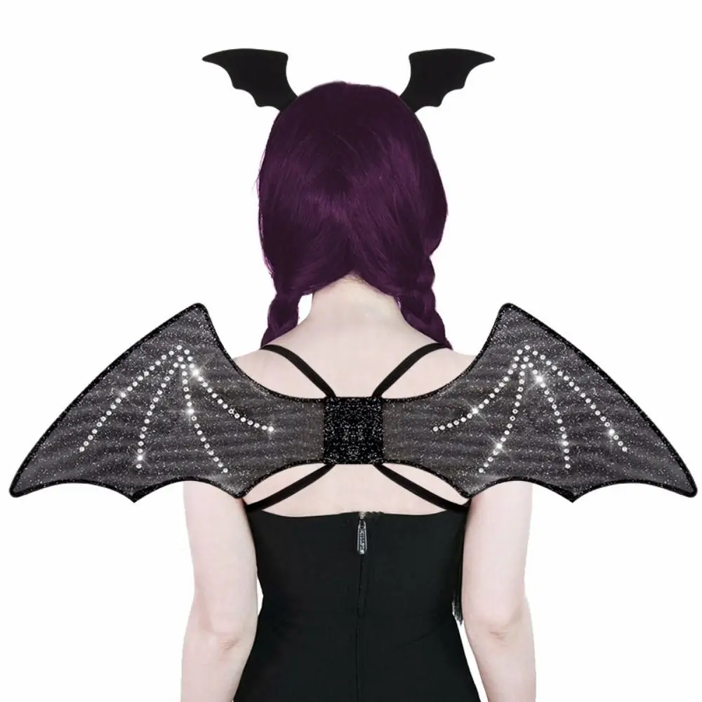 Ensemble d'ailes de bande de chauve-souris scintillantes, diamant pliable noir, maille durable, sangles élastiques initiées, costume de cosplay d'Halloween