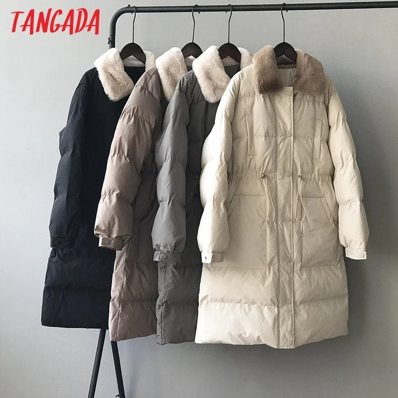 Tangada Women Fur Collar Oversize Long Parkas Thick 2020 Winter Long Sleeve Pockets Female Warm Overcoat ASF75