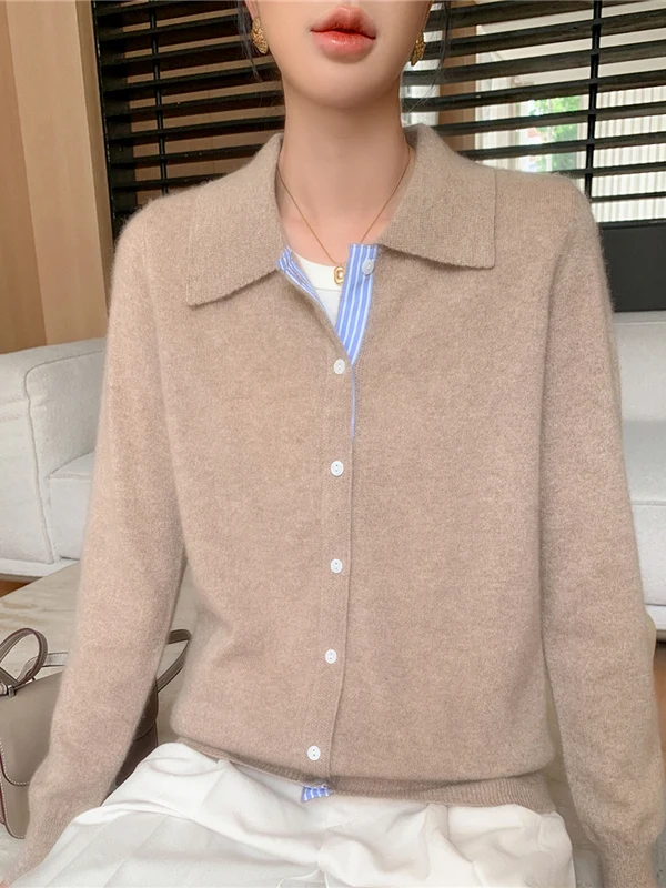 가을 신상 슬림 앤디 페이스 칼라 여성 니트 스웨터 코트 컬러 블록 슬림핏 패셔너블 롱 스웨터 보온성