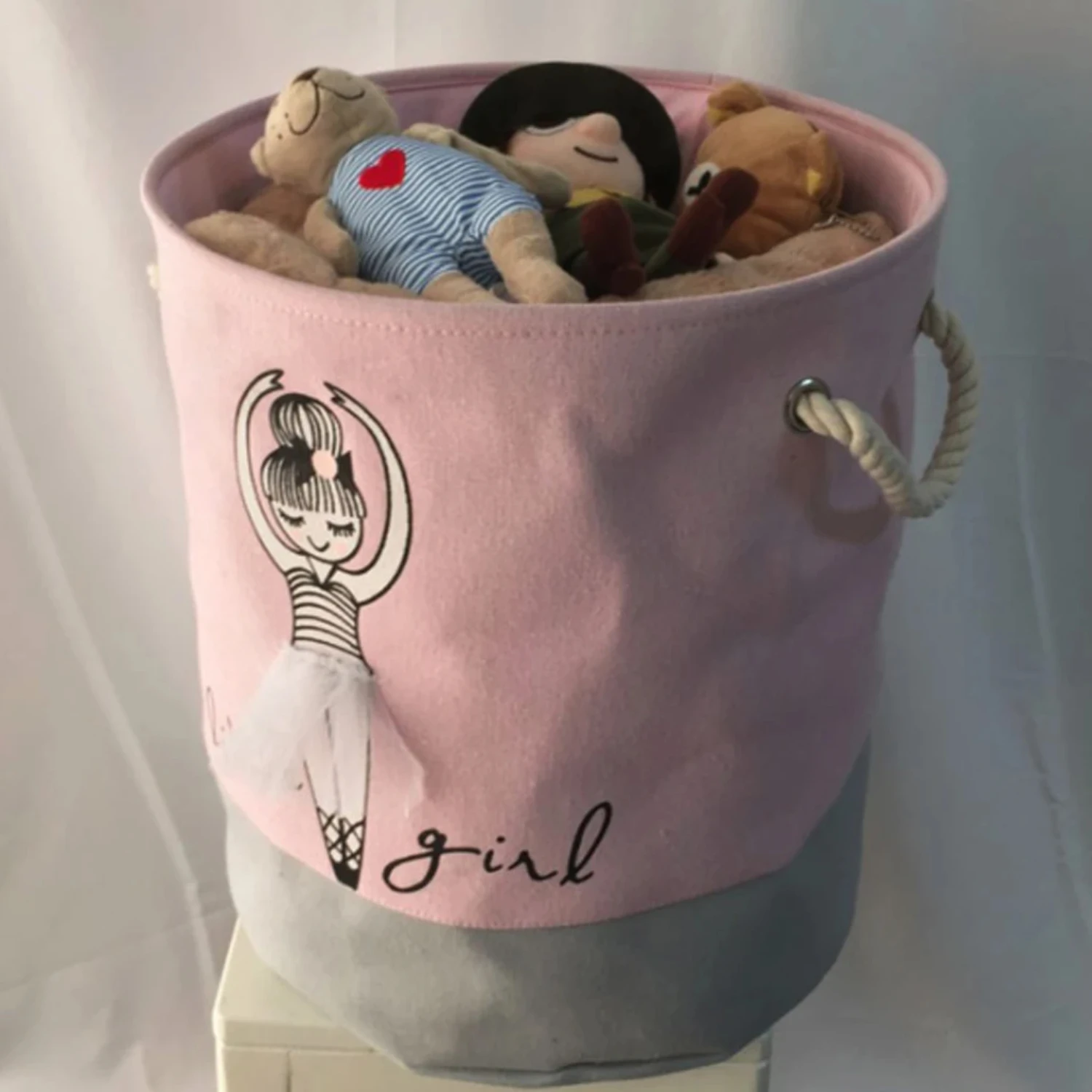 Kids Laundry Basket Organizer Cotton Linen Ballet Girl Bow Print Toys Storage Basket Home Organization For Dirty Clothes