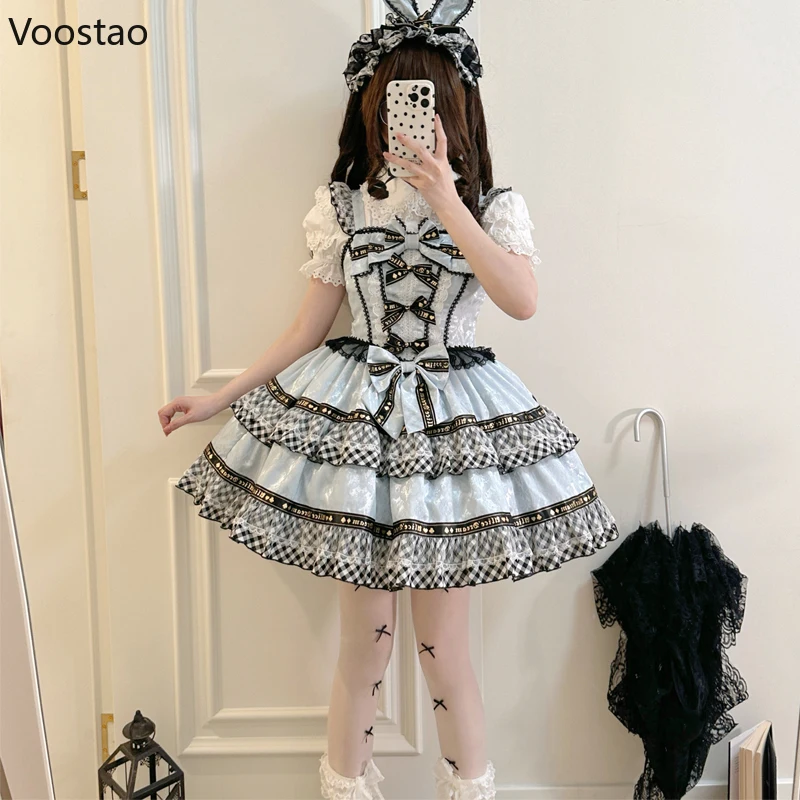 Abito gotico giapponese Lolita Jsk donna dolce Y2k fiocco Plaid Ruffles Patchwork abito senza maniche ragazze Kawaii Tea Party Mini abito